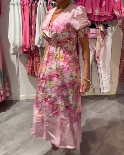 Robe Manche Bouffant Encolure En V Fleuri Taille
