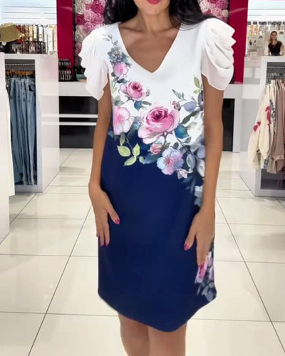 Robe Manche Bouffant Encolure V Rose Fleur