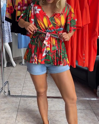 Blouse Col En V Manches Courtes Taille