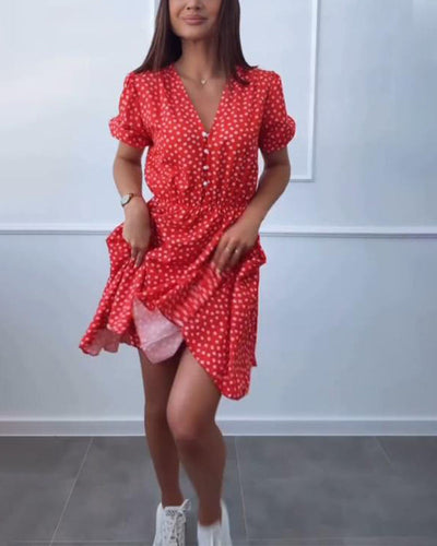 Robe Imprimé À Pois Boutonné Col En V