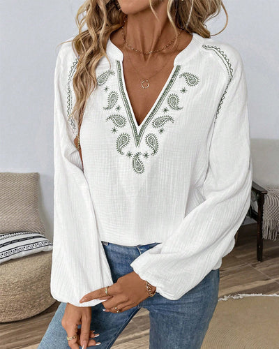 Blouse Col En V Manches Longues Imprimée Décontractée