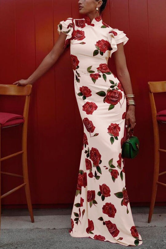 Robe longue imprimé floral rose