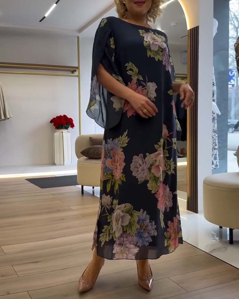 Robe Col Rond Fleuri Fente