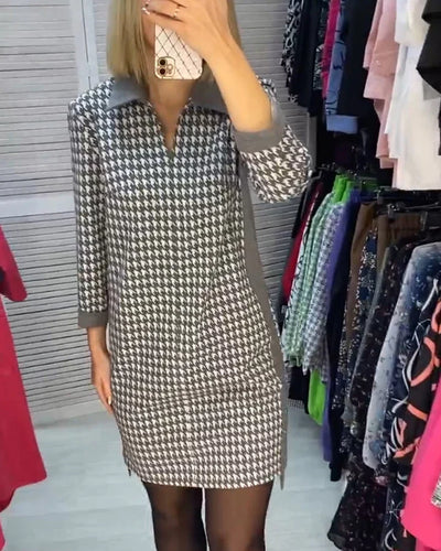 Robe Décontractée à Col V Imprimé Pied de Poule
