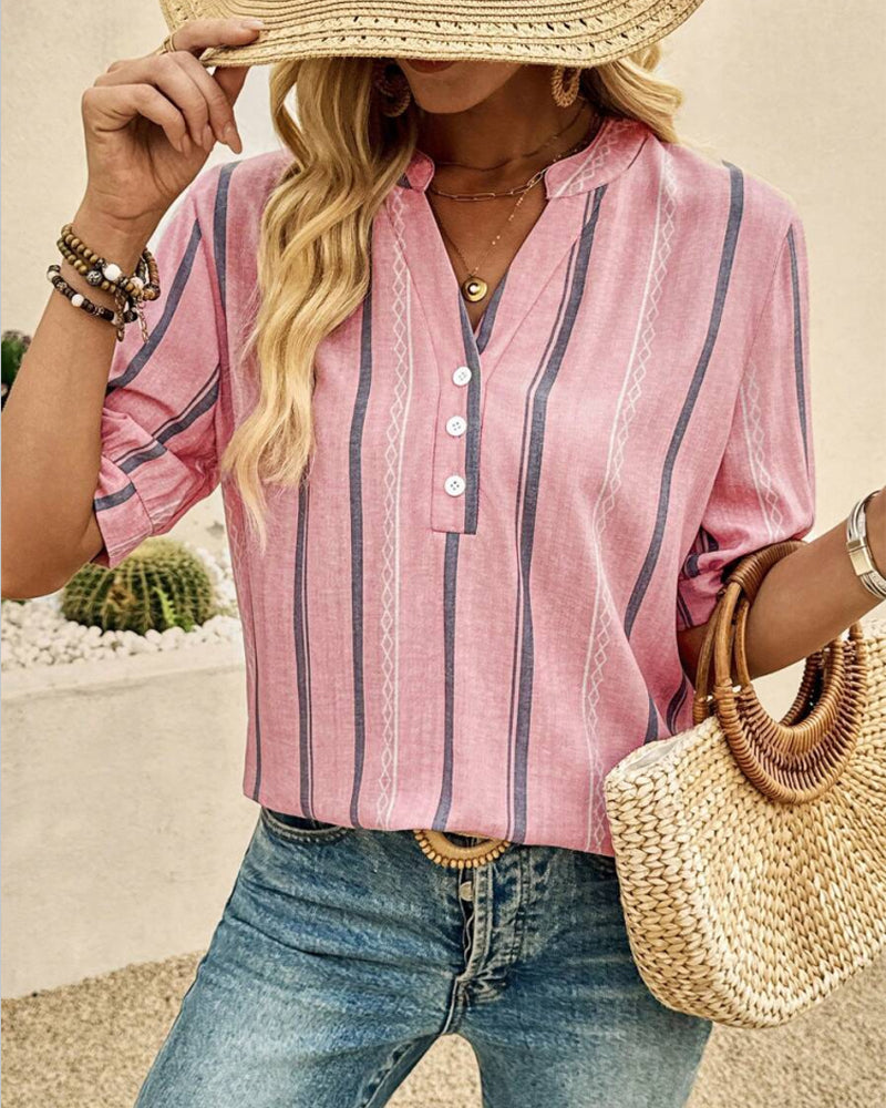 Blouse Col En V Décontracté Rayée