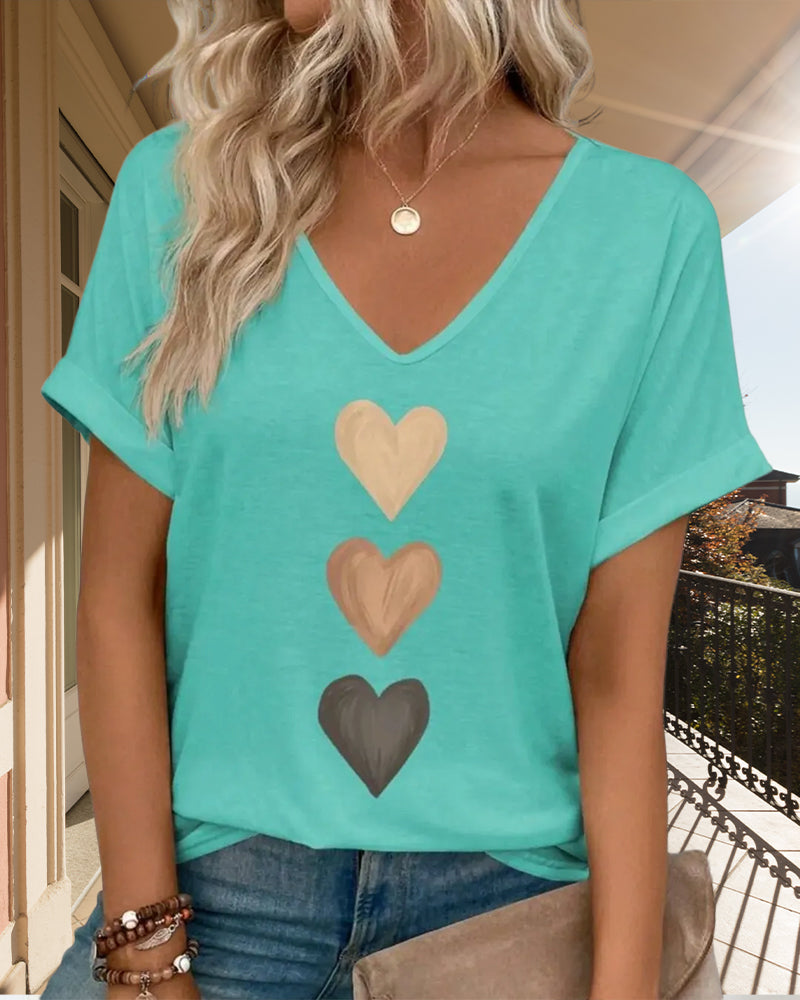 T-Shirt Col En V Imprimé Cœur