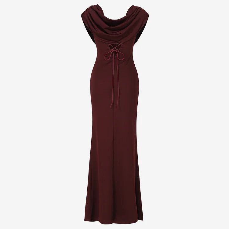 Robe longue de soirée marron élégante à col drapé