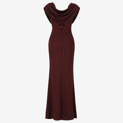 Robe longue de soirée marron élégante à col drapé
