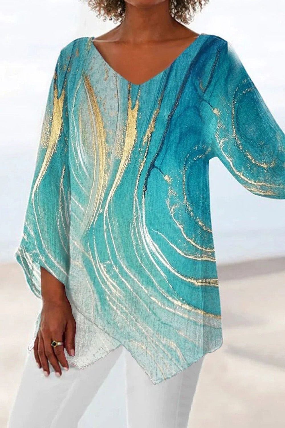 Blouse femme – Tissu respirant – Coupe ample – Imprimé marbré – Col en V – Ourlet asymétrique