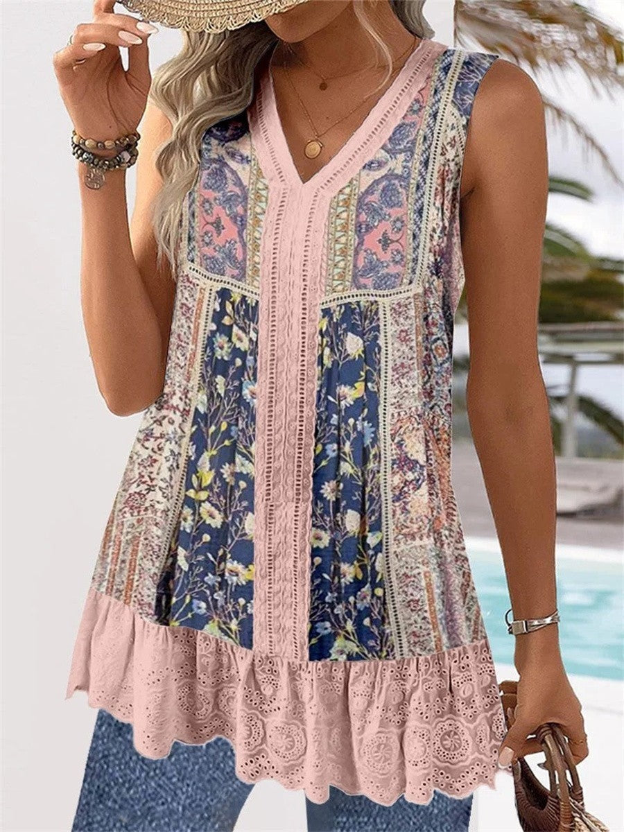 Haut sans manches femme – Coupe ample – Décolleté V – Motifs imprimés – Ourlet brodé