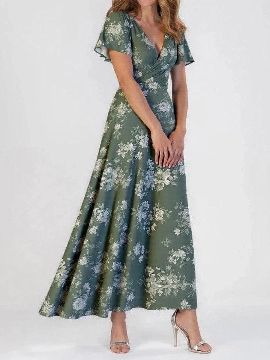 Robe longue femme – Tissu luxueux respirant – Coupe fluide – Manches courtes – Col V