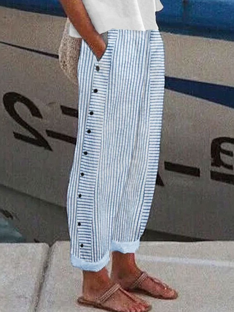 Pantalon large femme – Coupe décontractée – Tissu respirant – Rayures et boutons