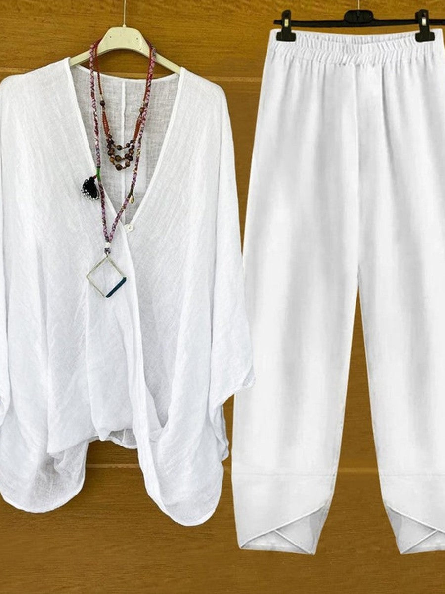 Ensemble Femme – Haut Décontracté Col V – Pantalon Taille Élastique – Tissu Respirant