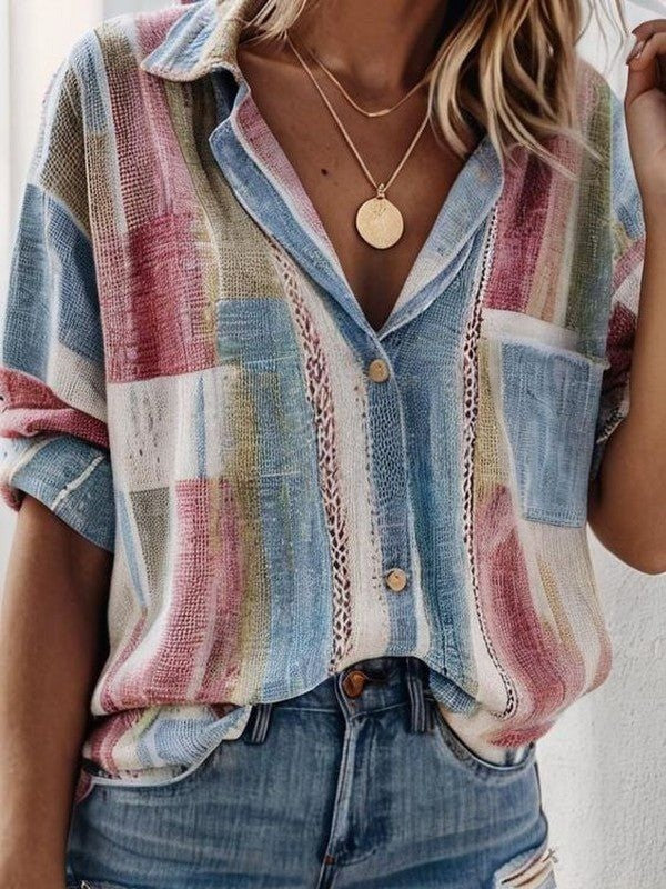 Blouse femme – Coupe ample – Manches courtes – Boutonnage devant – Style patchwork