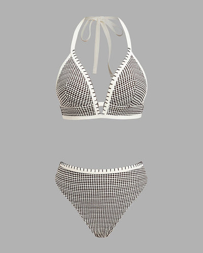 Maillot De Bain Deep V À Carreaux Couleur Contrastante Deux Pièces