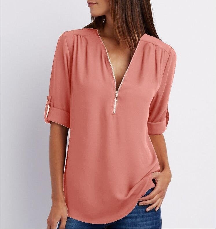 Blouse femme – Coupe ample – Tissu respirant – Demi-zip – Manches 3/4 retroussables