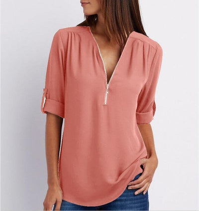 Blouse femme – Coupe ample – Tissu respirant – Demi-zip – Manches 3/4 retroussables