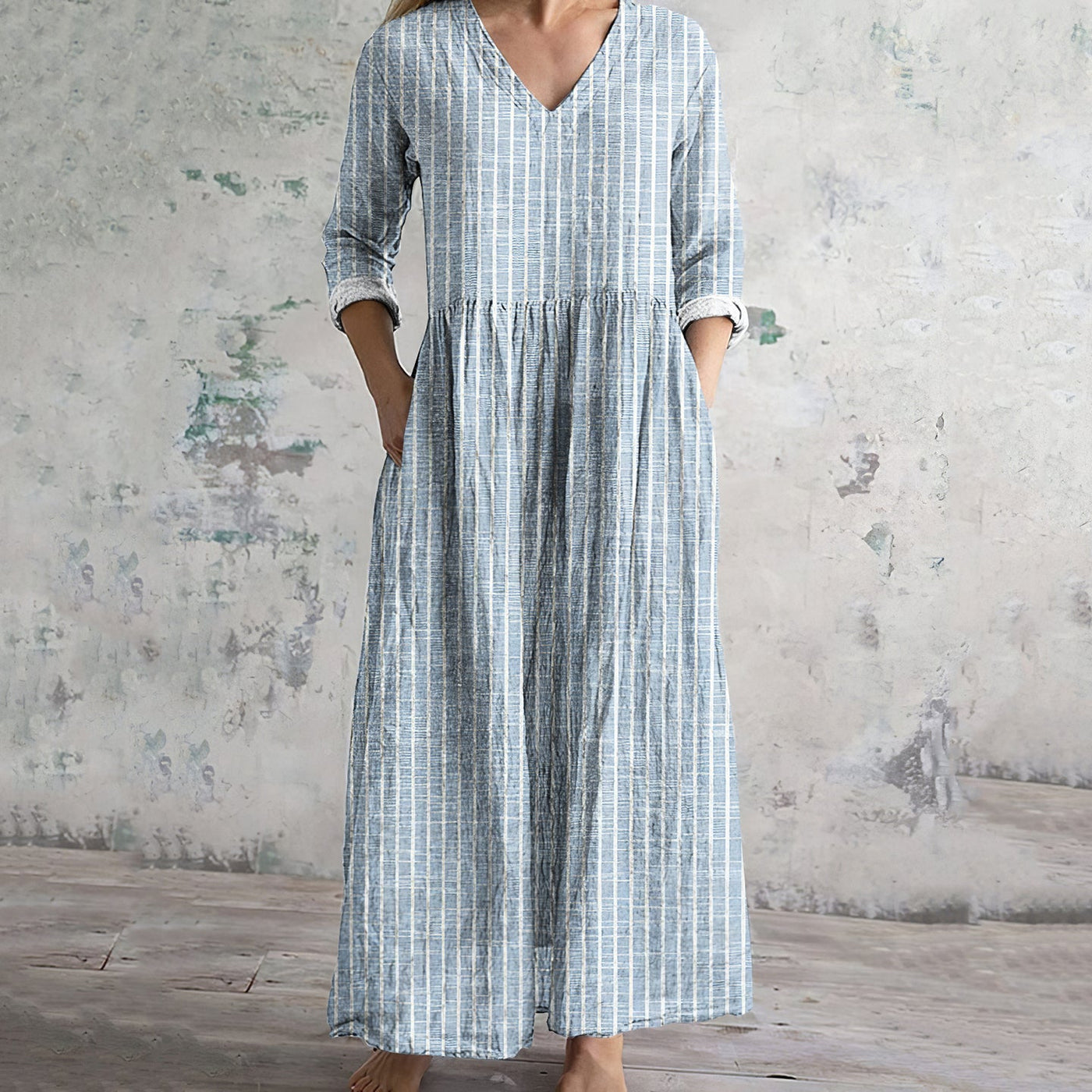 Robe longue femme – Fibres naturelles – Coupe ample – Manches longues – Rayures – Col V