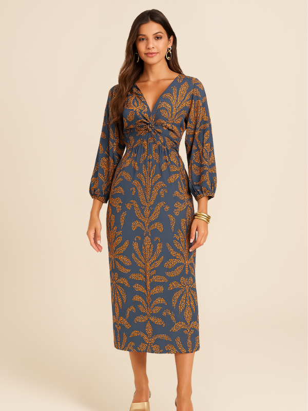 Robe Midi | Imprimé Feuillage | Élégance Bohème