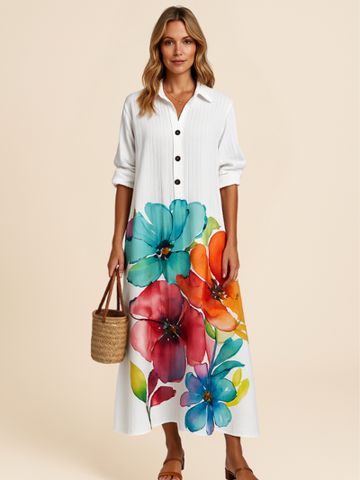 Robe Chemise Fleurie | Mélange de Lin | Élégance d’Été