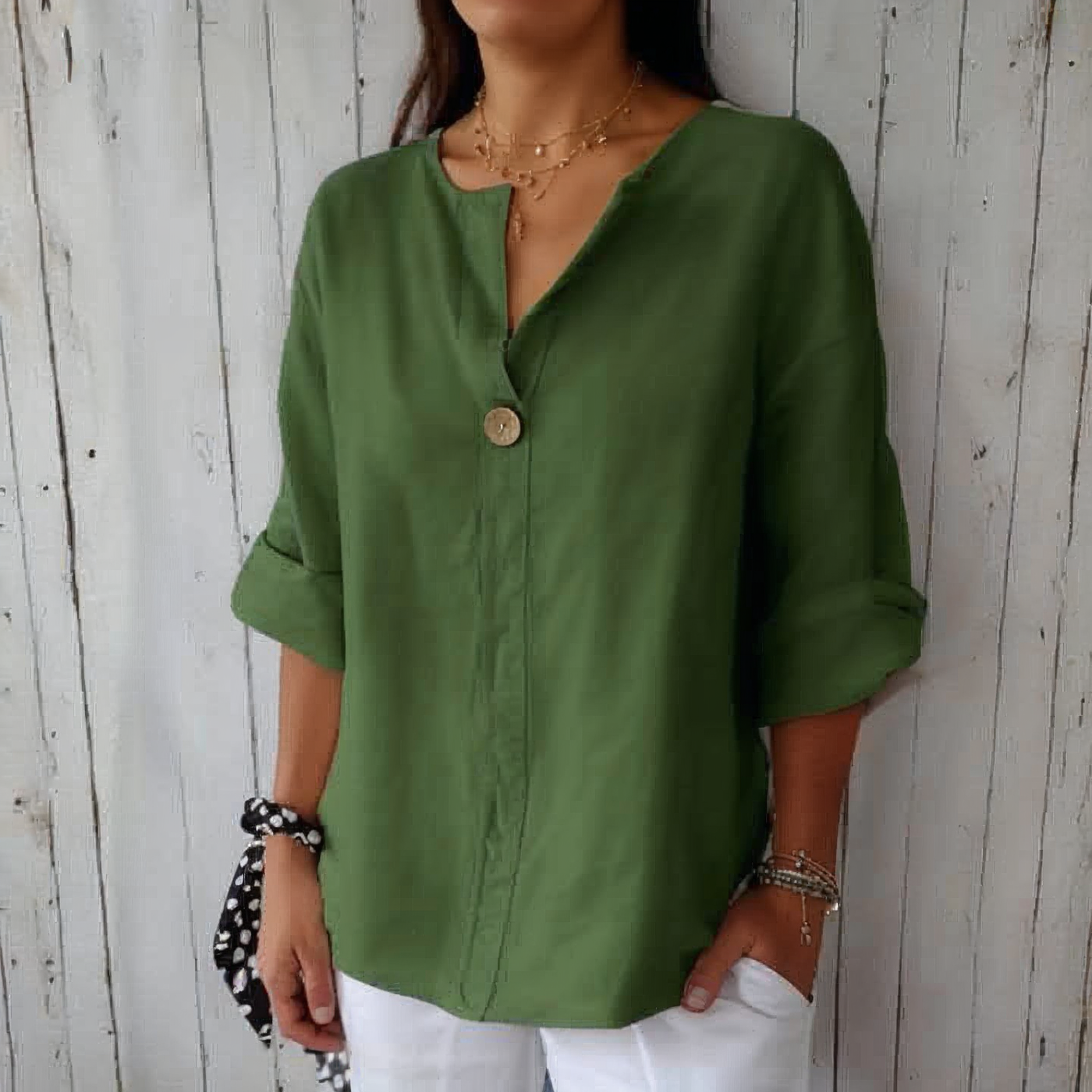 Morgane™ | Top confortable avec col en V, en coton et lin