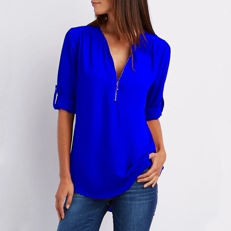 Blouse femme – Coupe ample – Tissu respirant – Demi-zip – Manches 3/4 retroussables