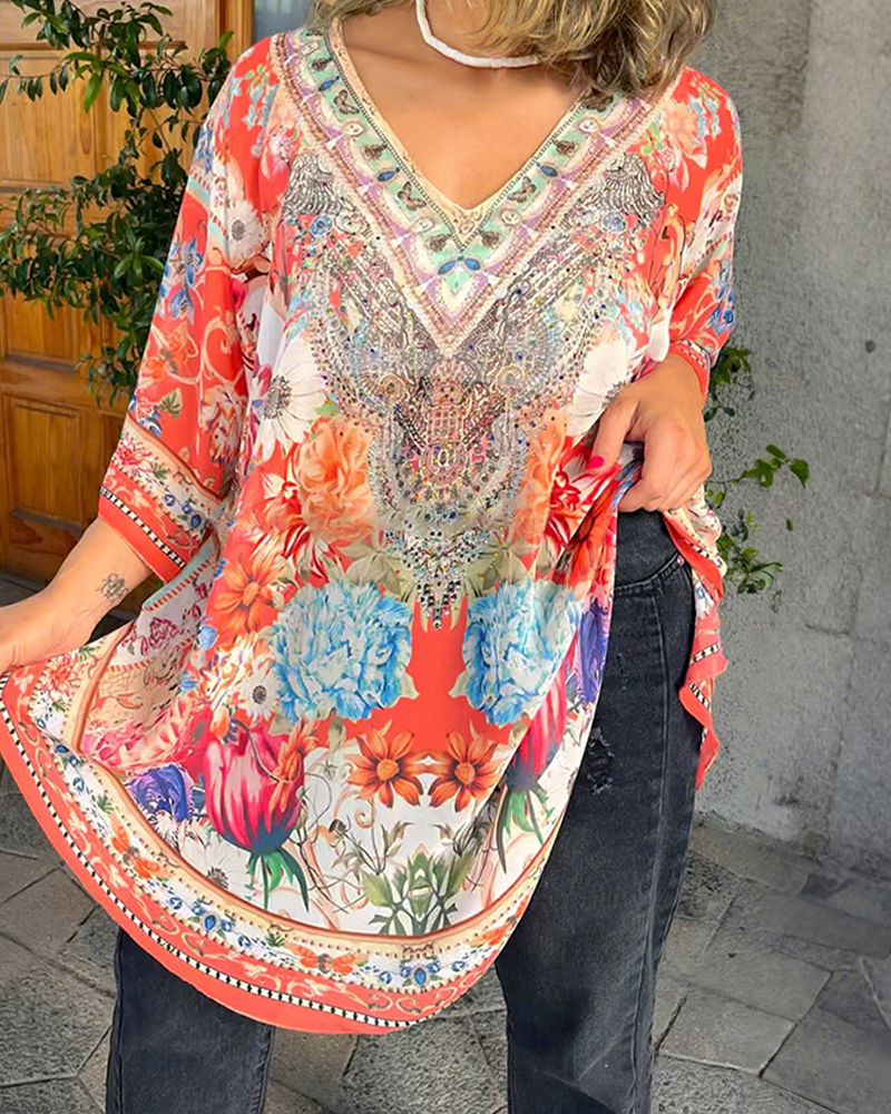 Blouse Mode Décolleté En V À Fleurs