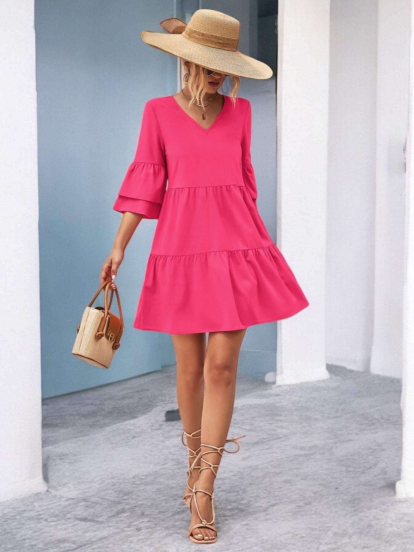 Anna - Mini-Robe Col V Avec Manches Cloches