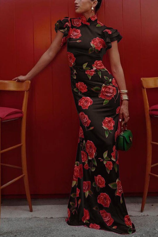 Robe longue imprimé floral rose
