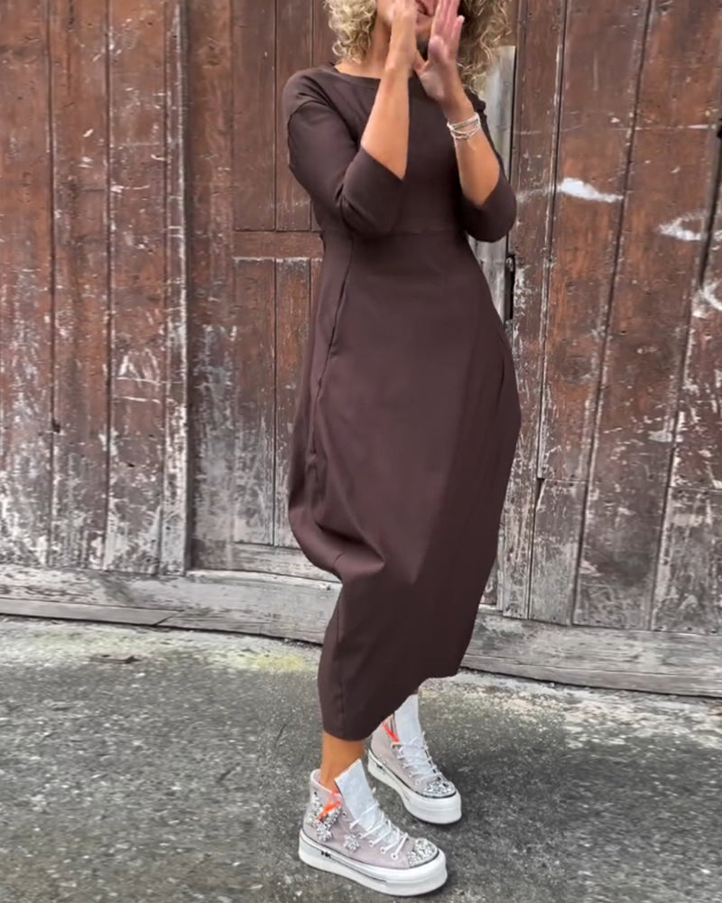 Laura| Robe élégante à manches longues, de couleur unie, avec poches