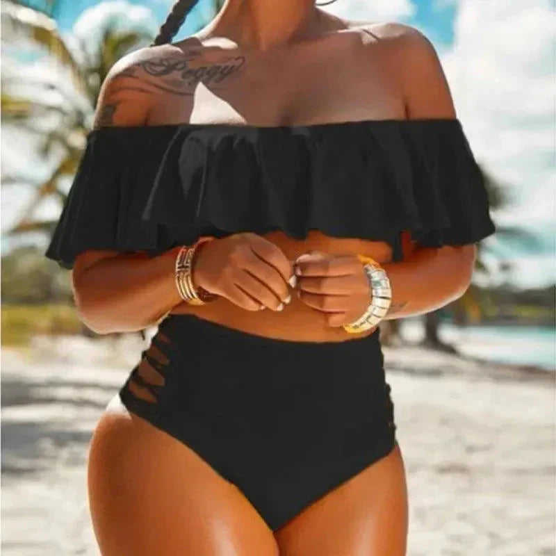 Bikini femme – Taille haute moulante – Épaules dénudées – Volants et découpes