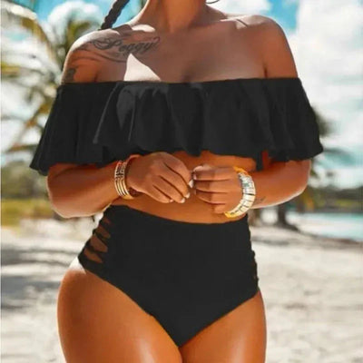 Bikini femme – Taille haute moulante – Épaules dénudées – Volants et découpes