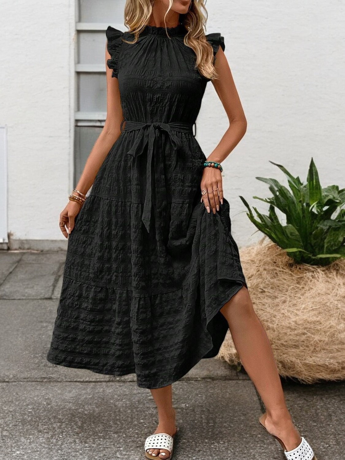 Gisèle - Robe Midi À Ourlets Volantés Et Ceinture À Nouer