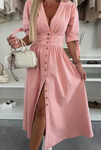 Christel| 👗Robe en jean avec décolleté en V et patte de boutonnage pour femmes