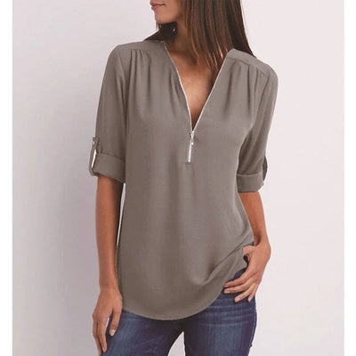 Blouse femme – Coupe ample – Tissu respirant – Demi-zip – Manches 3/4 retroussables