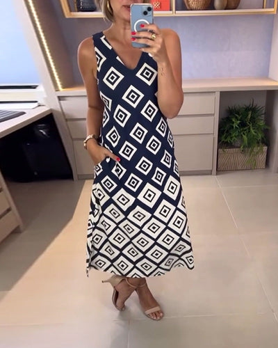 Robe Col En V Imprimé Losange Sans Manches