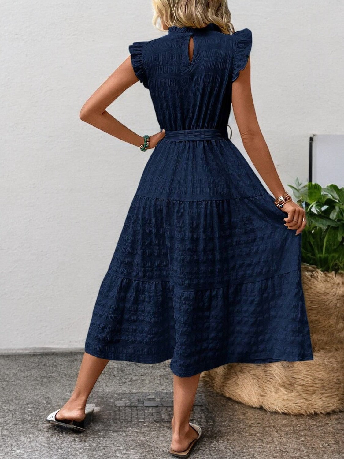 Gisèle - Robe Midi À Ourlets Volantés Et Ceinture À Nouer