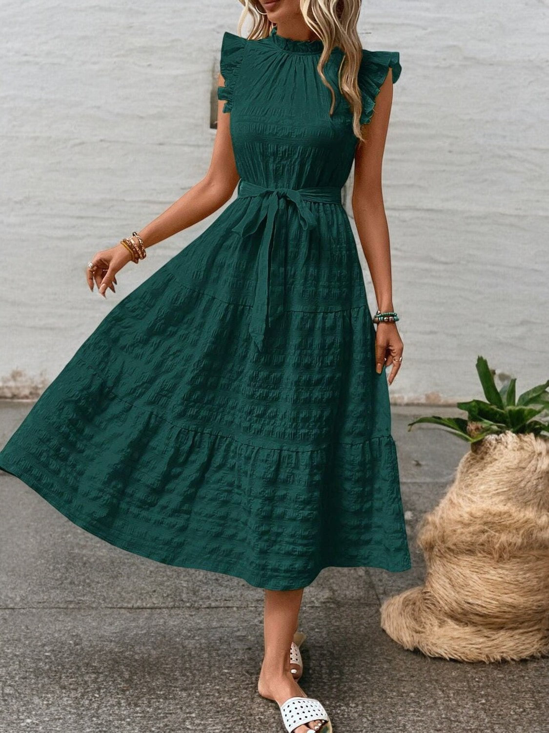 Gisèle - Robe Midi À Ourlets Volantés Et Ceinture À Nouer