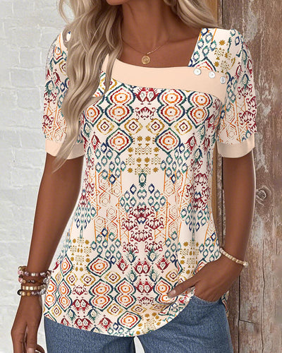 Blouse Col Asymétrique Manche Courte Imprimée Décontractée