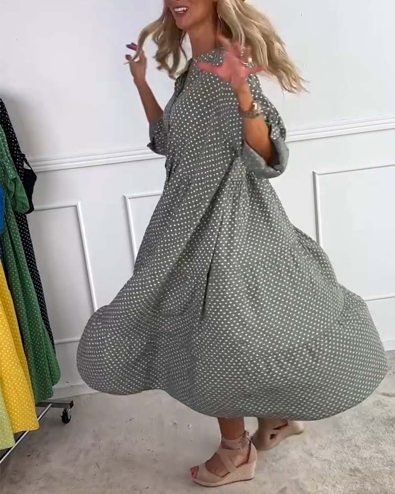 Robe Manches Mi-Longues À Pois Droite