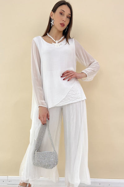 Ensemble en soie et pantalons ornés de paillettes