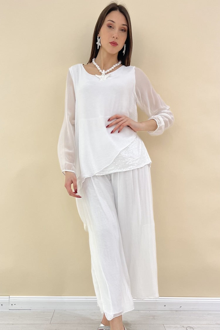 Ensemble en soie et pantalons ornés de paillettes
