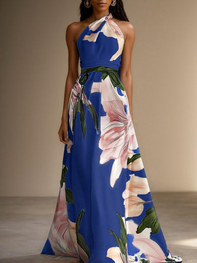 Robe longue trapèze sans manches en satin