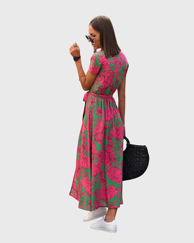 Morgane™ | Robe cache-cœur midi avec des fleurs vibrantes