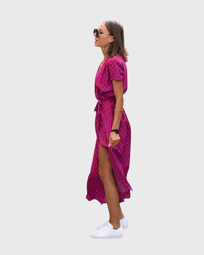 Morgane™ | Robe cache-cœur midi avec des fleurs vibrantes