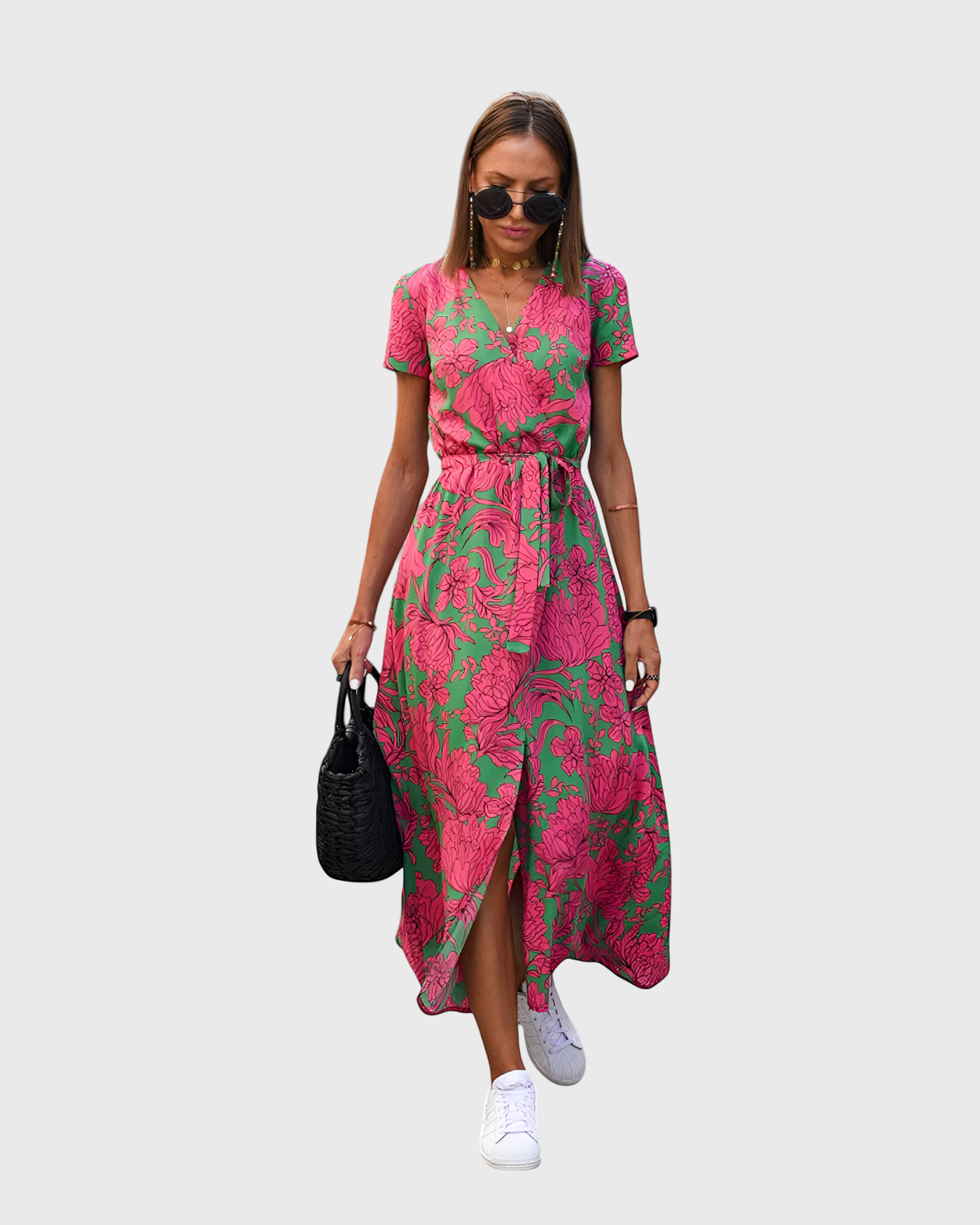 Morgane™ | Robe cache-cœur midi avec des fleurs vibrantes