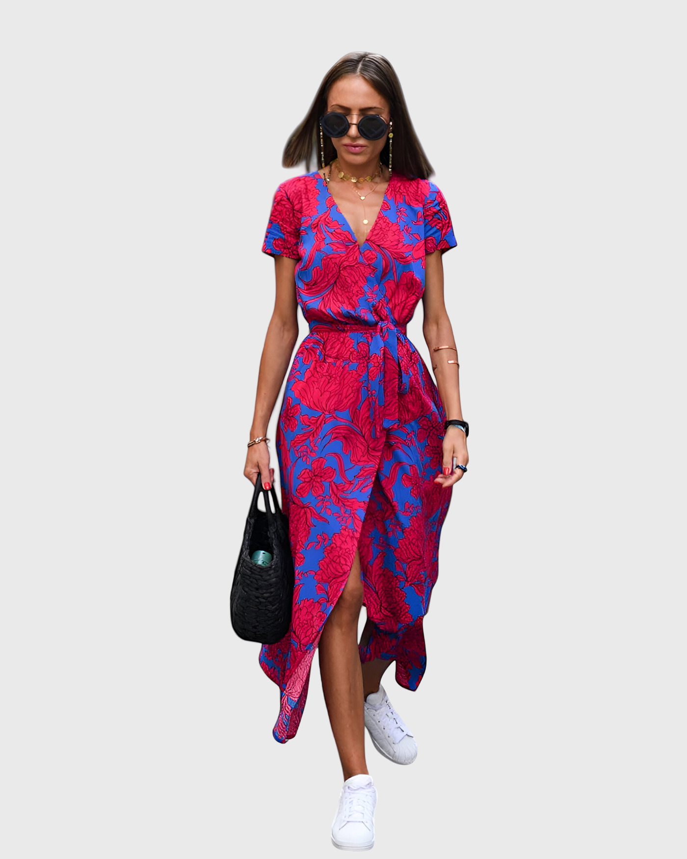 Morgane™ | Robe cache-cœur midi avec des fleurs vibrantes