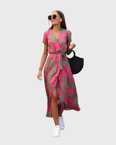 Morgane™ | Robe cache-cœur midi avec des fleurs vibrantes