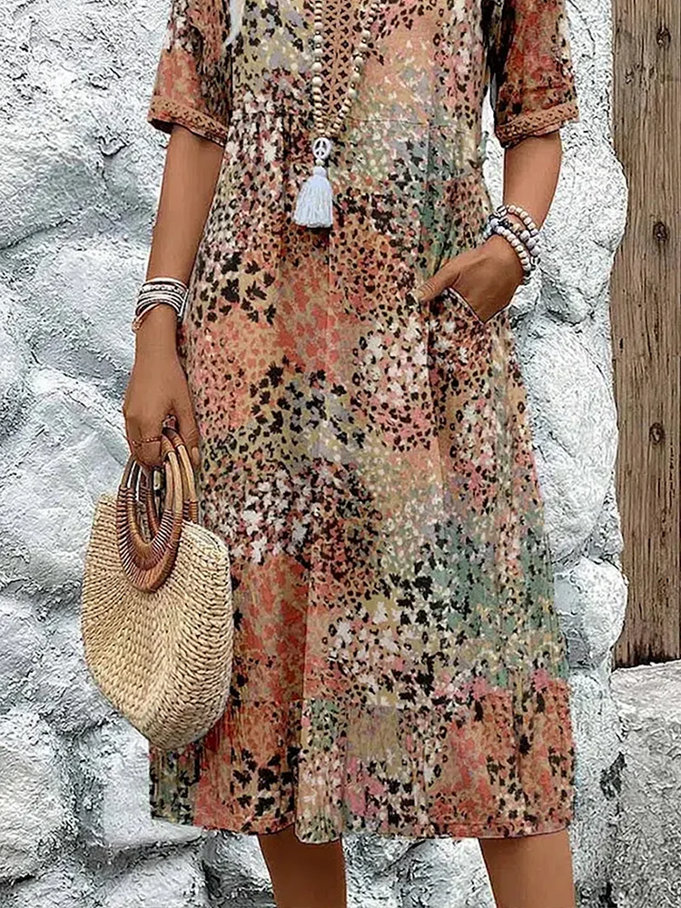 Dania™ | Robe Fluide Estivale à Imprimé Rose et Manches Mi-longues