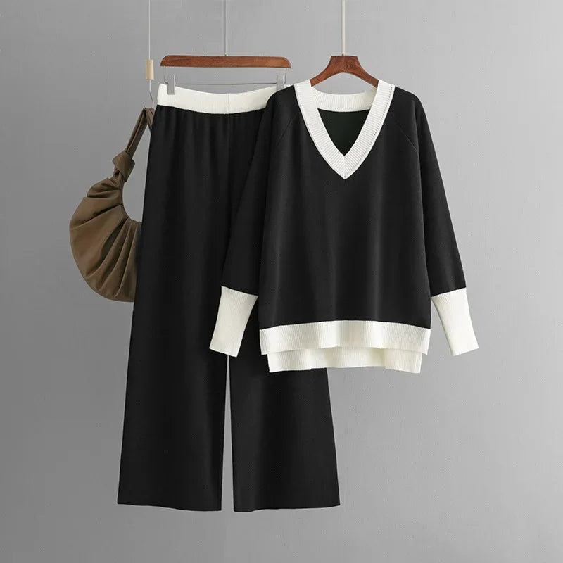 Harper™ - Ensemble élégant de haut en tricot à manches longues et pantalon avec décolleté en V